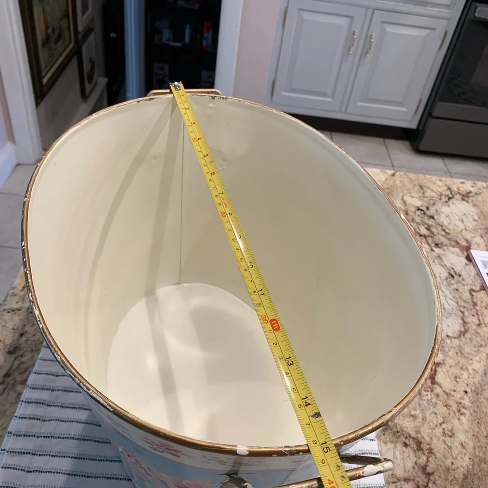 Vintage Metal Toleware Bucket with Handle Floral Pattern with gold Round